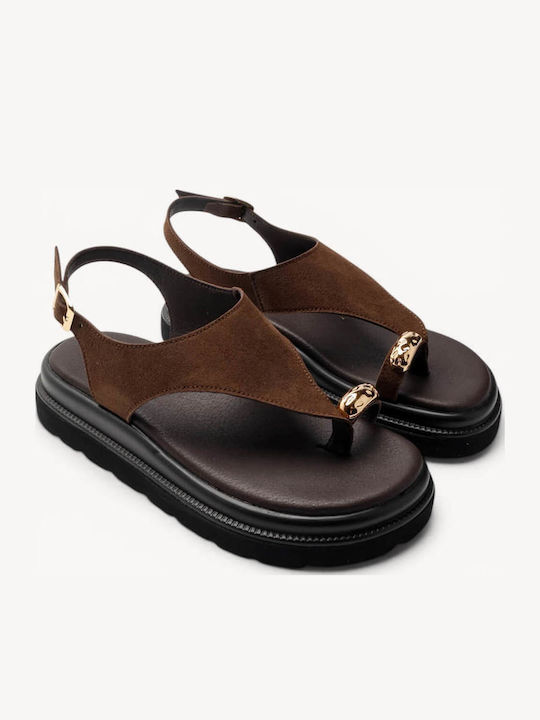 Καφέ Δερμάτινα Flatforms Χρυσό Detail Στο Δάχτυλο