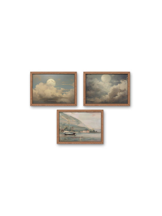 Set Minimalist Posters Frames Unframed Printed On Photographic Paper Nature Motifs Moon Between Clouds Boat On Lake Living Room Bedroom Kitchen 3 X 21 X 30 Cm