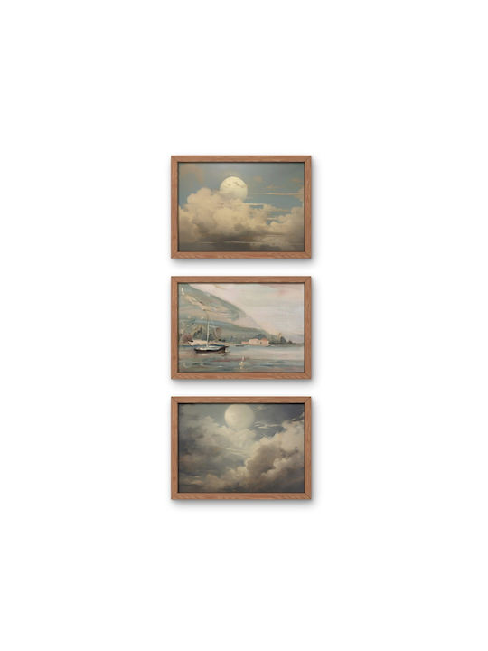 Set Minimalist Posters Frames Unframed Printed On Photographic Paper Nature Motifs Moon Between Clouds Boat On Lake Living Room Bedroom Kitchen 3 X 21 X 30 Cm