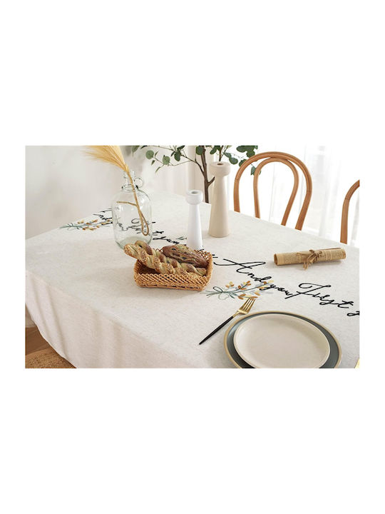 FRIPIA Leinen Tischdecke mit Silberner Stickerei 120x180cm