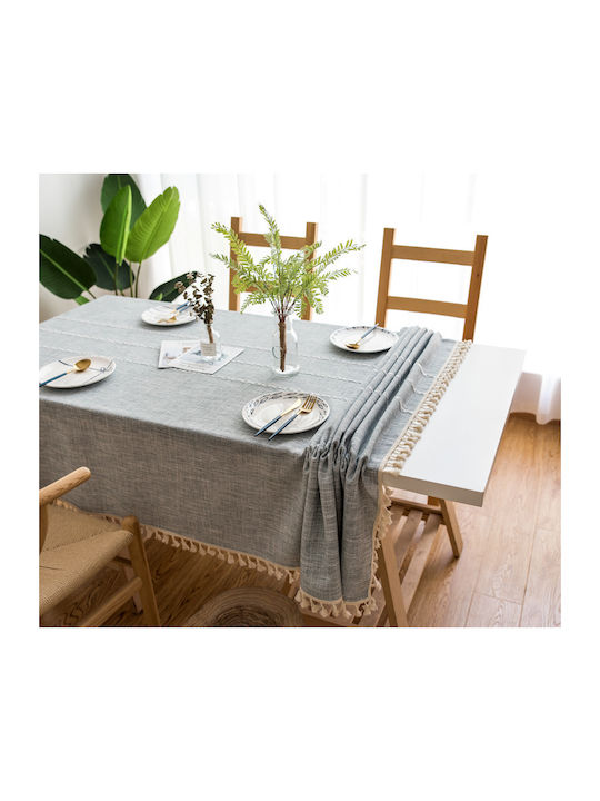 FRIPIA Leinen Tischtuch mit Stickerei Grau 140x200cm