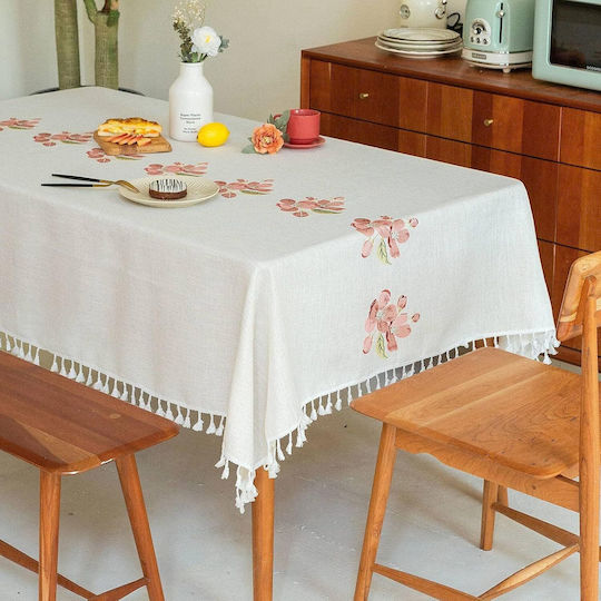 FRIPIA Linen Tablecloth With Pink Embroidery 120x180cm FRIPIA Linen Tablecloth With Pink Embroidery 120x180cm