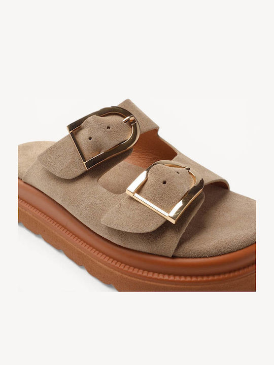 Μπεζ Δερμάτινα Flatform Slides Διπλά Λουράκια
