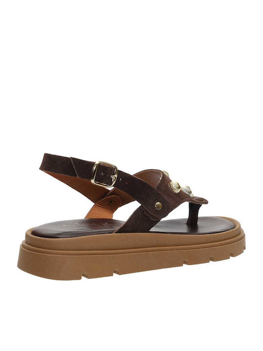Leather Women's Flat Sandals Flatforms Brown
