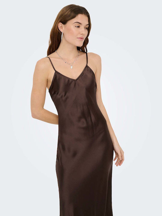 Summer Maxi Evening Slip Dress Satin Brown