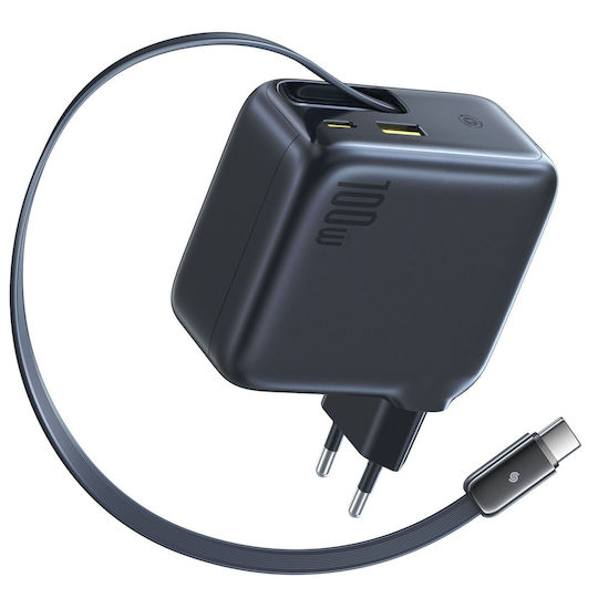 Baseus Baseus Handyladegerät mit Eingebautem Kabel mit USB-A und USB-C Ausgangsanschlüsse USB-C 100W Stromlieferung Schwarz