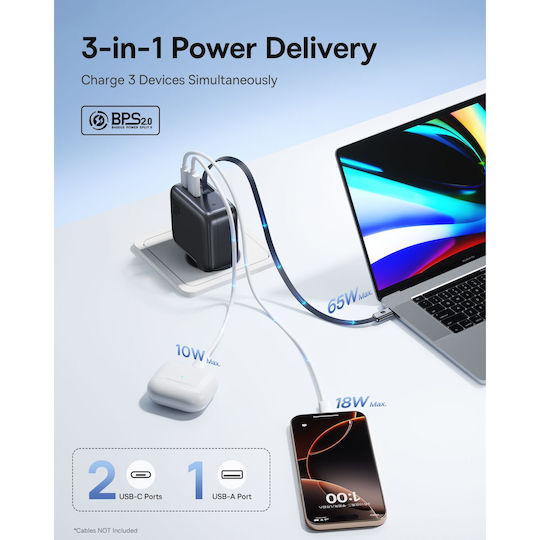 Baseus Baseus Handyladegerät mit Eingebautem Kabel mit USB-A und USB-C Ausgangsanschlüsse USB-C 100W Stromlieferung Schwarz