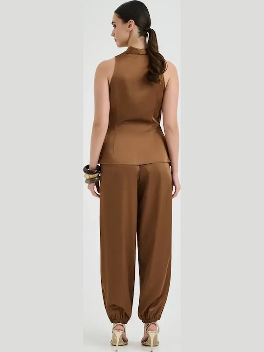 Women's Satin Trousers with Rubber Band Brown