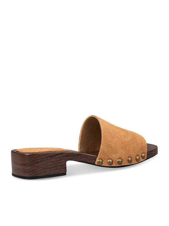Suede Women's Mules with Chunky Low Heel in Brown Color
