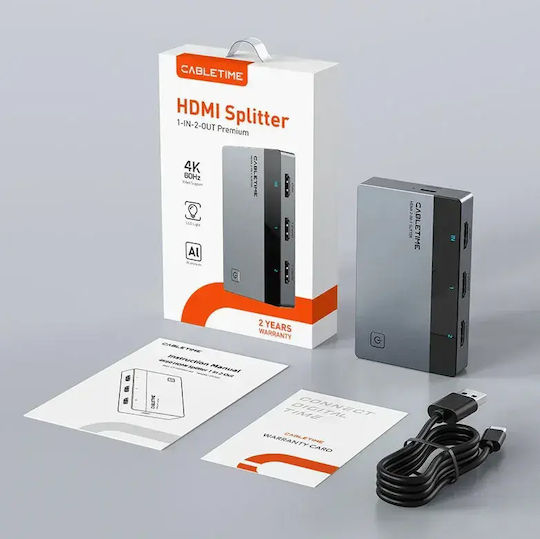 Cabletime Hdmi Splitter Ct-hsp4k2-ag 1 2 4k/60hz Uni-directional Γκρι Cabletime