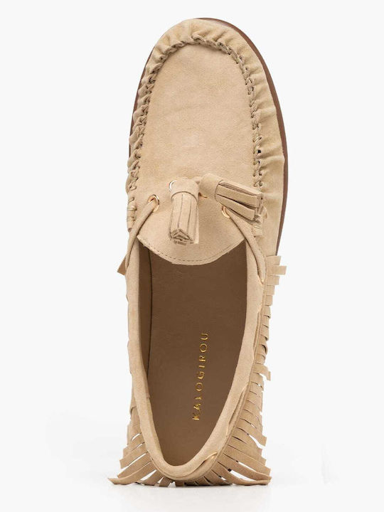Leather Women's Loafers In Beige Colour