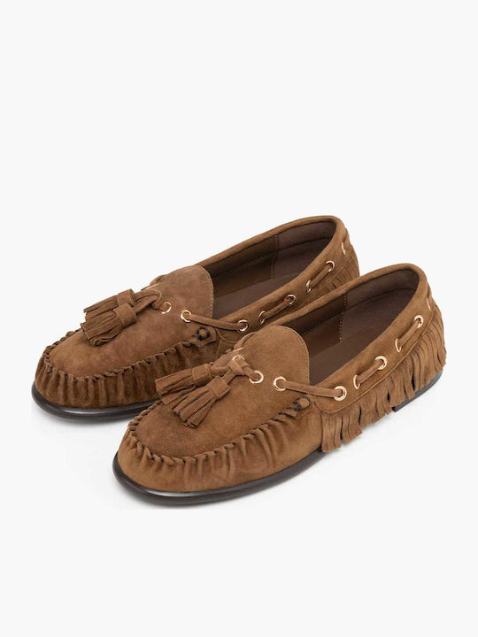 Leather Women's Loafers in Khaki Colour