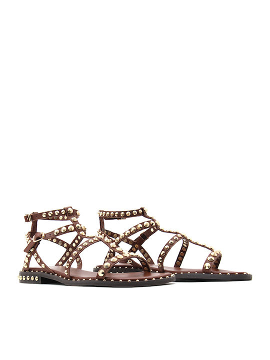 Precious 03 Leather Women's Flat Sandals Gladiator Brown