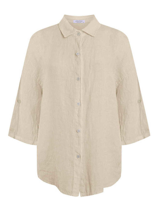 Celestino Women's Linen Shirt Three Quarter Sleeve Loose Fit Beige