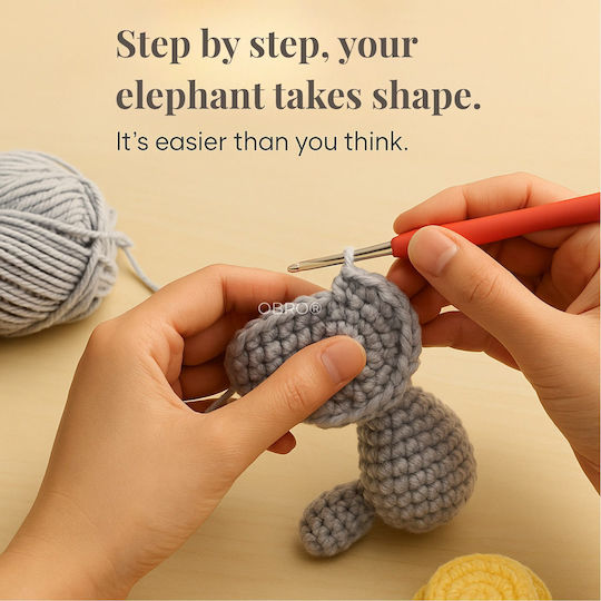 Obro Plush Elephant Crochet Diy Kit Complete Set Threads Tools Video Tutorial Beginners