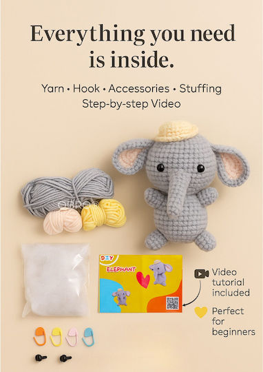 Obro Plush Elephant Crochet Diy Kit Complete Set Threads Tools Video Tutorial Beginners