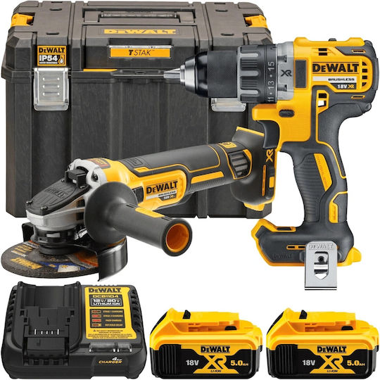 DEWALT DCK2020P2T Set Roată unghiulară & Mașină de găurit 18V cu 2 baterii 5Ah și husă