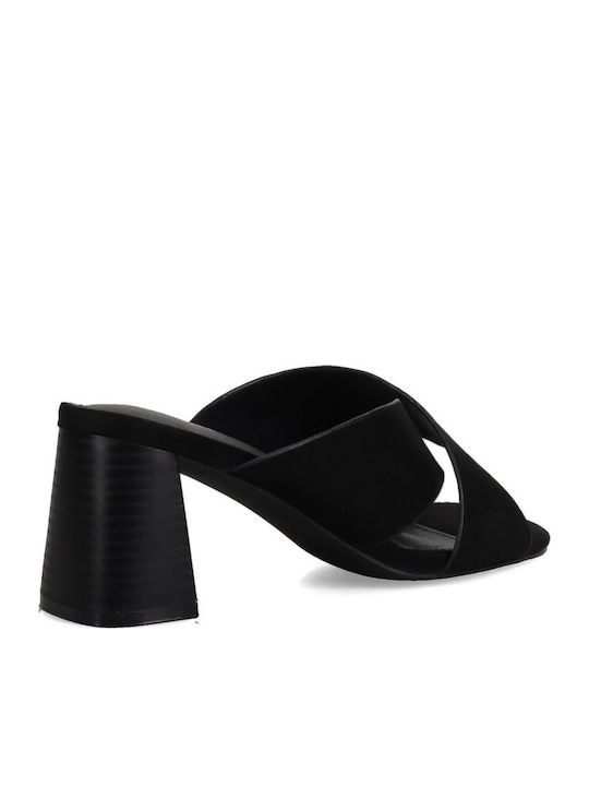 Suede Mules με Χοντρό Ψηλό Τακούνι σε Μαύρο Χρώμα