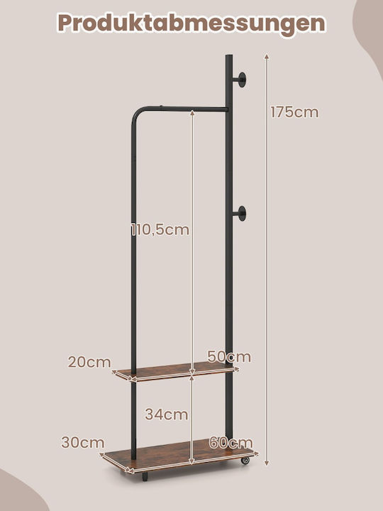 Costway Rolling Floor Garment Rack Metal Brown 60x30x175cm