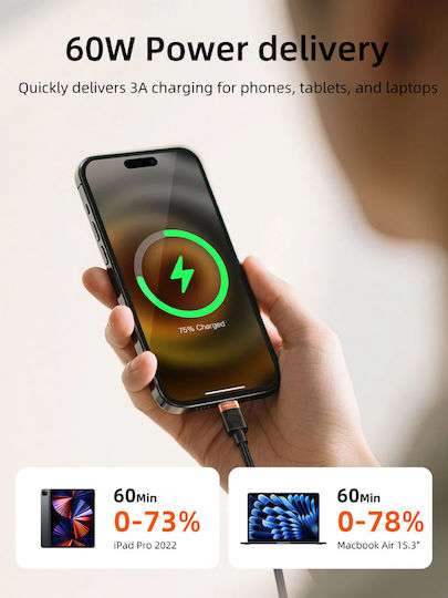 Cabletime Geflochtenes USB 2.0 Kabel USB-C männlich - USB-C 60W Schwarz 1m CT-CM60-AOB1