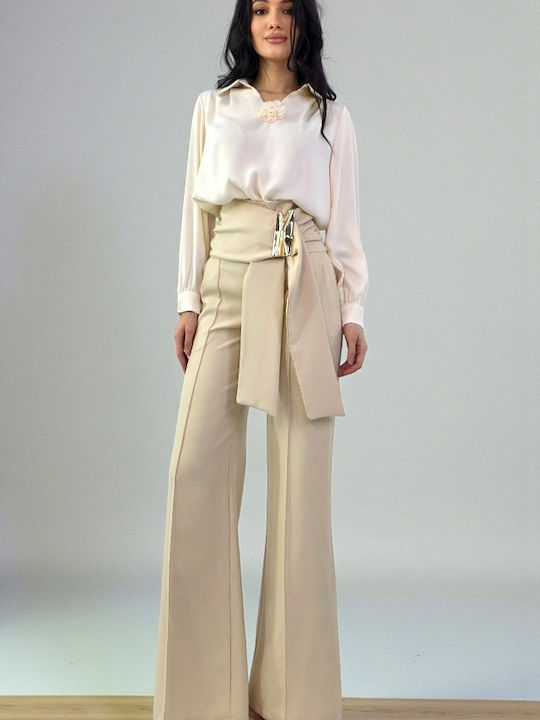 Pantaloni Dama Palazzo High Rise Fit Cu Dungi Bej