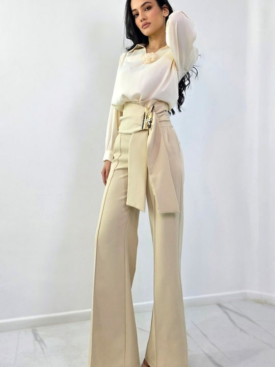 Pantaloni Dama Palazzo High Rise Fit Cu Dungi Bej