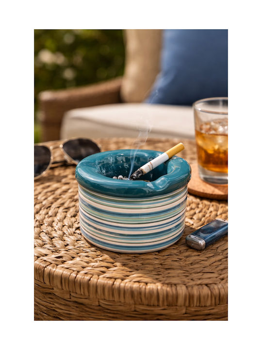 Handmade Windproof Porcelain Blue Petrol Striped Ashtray 10x8 Cm Erato