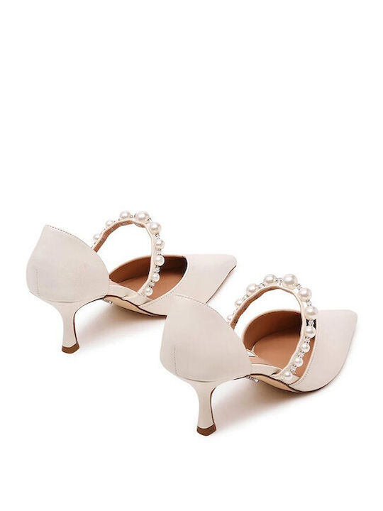 Leder Pumps mit Riemen & Mittelhoher Absatz in Creme