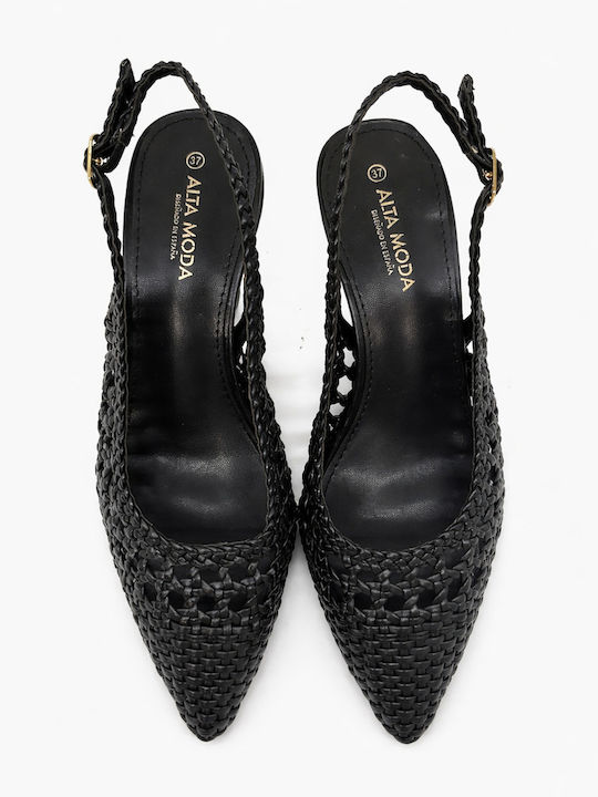 Pointed Toe Heels with Strap & Thin Mid Heel Black