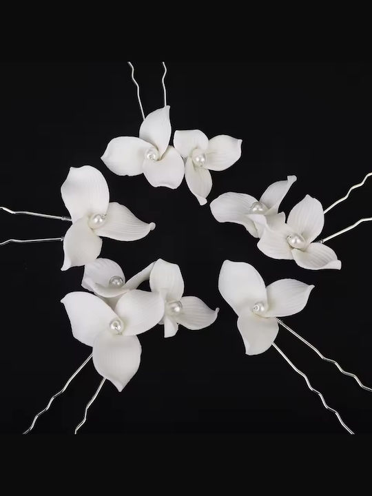 “valeria” A Gorgeous Set 5 Floral Hair Pins Made Dainty Off-white Ceramic Flowers Ivory Pearls Set On Silver Pins