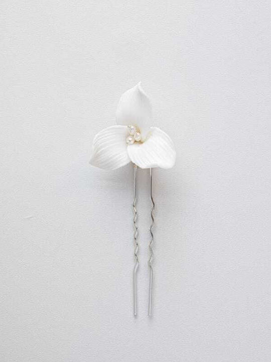 “valeria” A Gorgeous Set 5 Floral Hair Pins Made Dainty Off-white Ceramic Flowers Ivory Pearls Set On Silver Pins