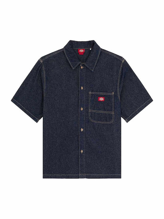 Kurzärmeliges Denim-Herrenhemd in Normale Passform Dunkelblau