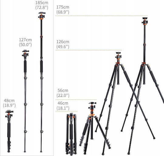 K&F Concept Aluminum Camera Tripod Up to 182cm and 10kg Load Capacity