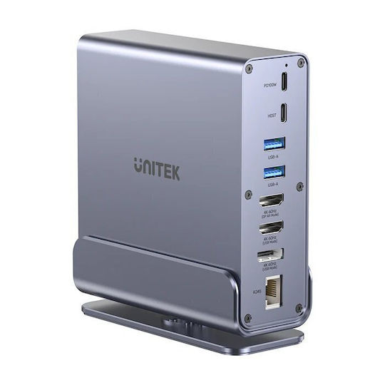 Unitek D1135A Dock / USB-C Dockingstation mit 4K-Unterstützung PowerDelivery Ethernet und Verbindung für 3 Monitore Silber