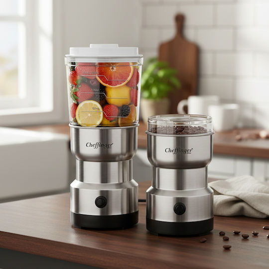 Cheffinger Mini Mixer 300w 2 In 1 Rostfreier Stahl Klingen Kaffeemühle Funktion 0,35l Graue