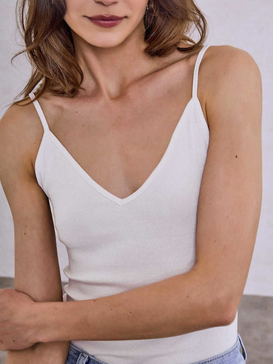 Celestino Women's Ribbed Spaghetti Strap V-Neck Slim Fit White Top