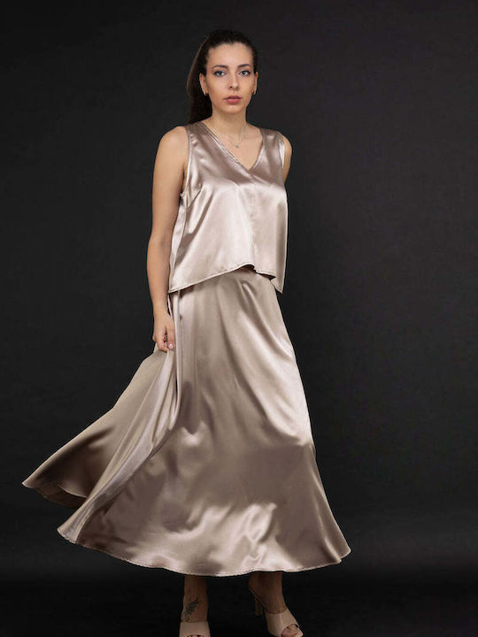 Damen Crop Top Satin Ärmelloses Braunes