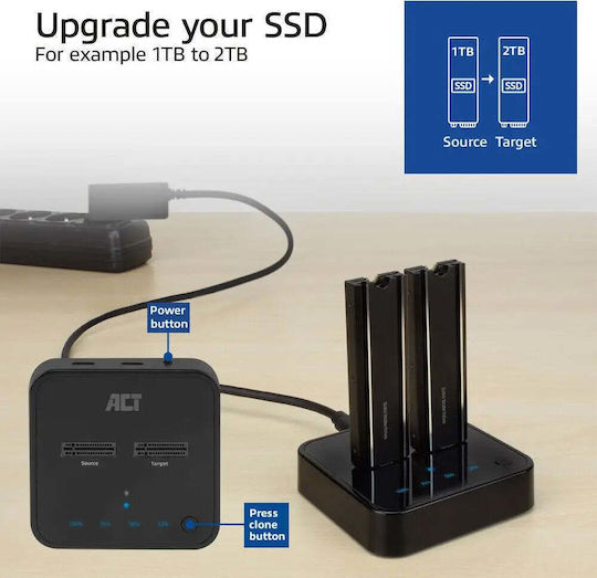 Двойна Ssd Докинг Станция Act M.2 Nvme Pcie Клониране Usb-c 3.2 Gen2 10 Gbps