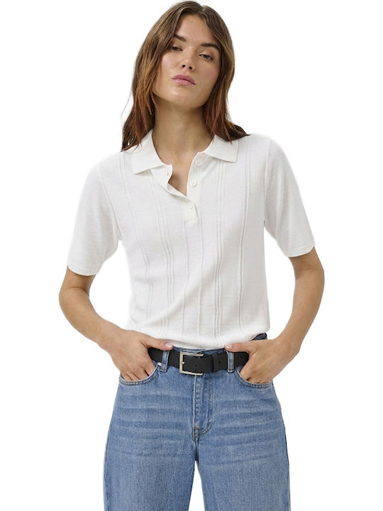Women's Polo Blouse Short Sleeve Striped White
