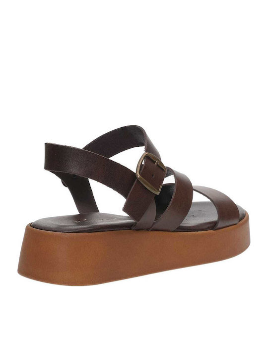 Δερμάτινα Γυναικεία Σανδάλια Flatforms Καφέ