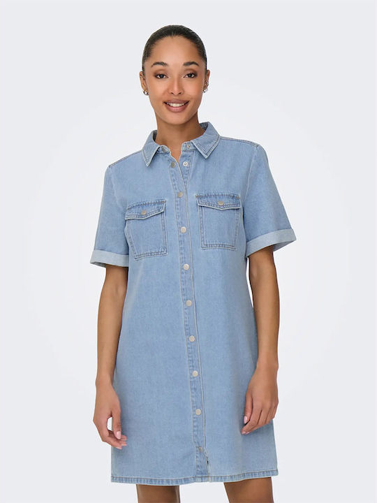 Sommer Mini Hemdkleid Denim Hellblau