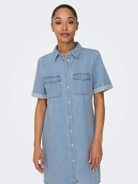 Sommer Mini Hemdkleid Denim Hellblau