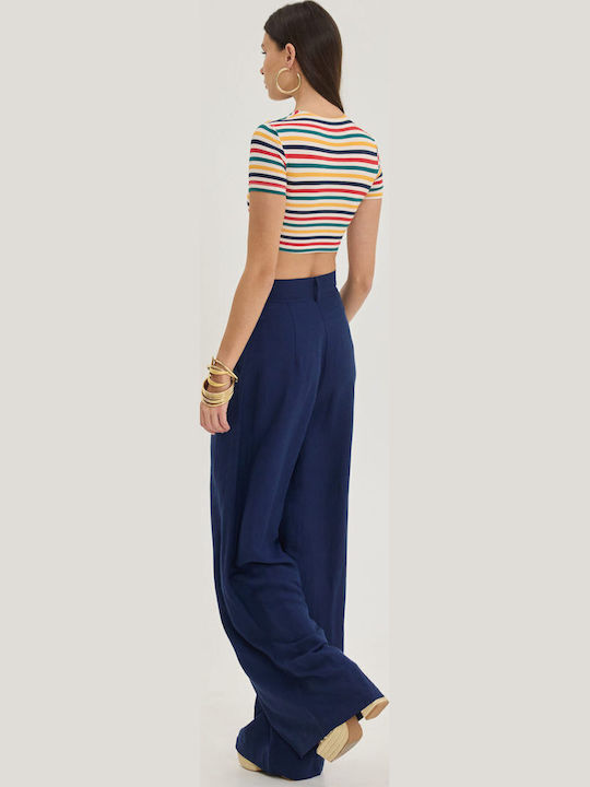 Women's High Rise Fabric Trousers Dark Blue