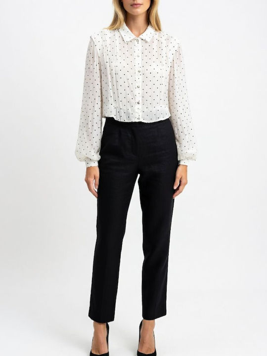 Langärmeliges Damen-Denim-Hemd Weiß Polka Dot