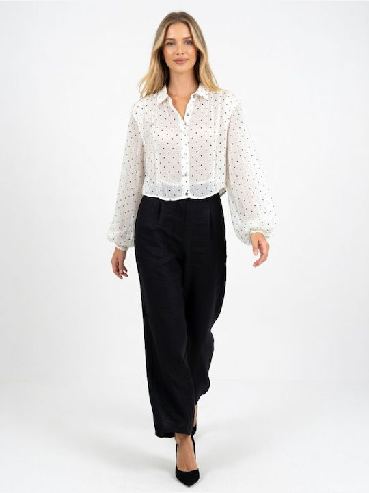 Langärmeliges Damen-Denim-Hemd Weiß Polka Dot