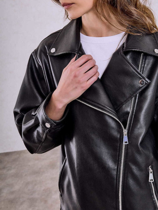 Celestino Women's Biker Artificial Leather Jacket Loose Fit Black