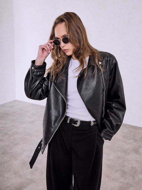Celestino Women's Biker Artificial Leather Jacket Loose Fit Black