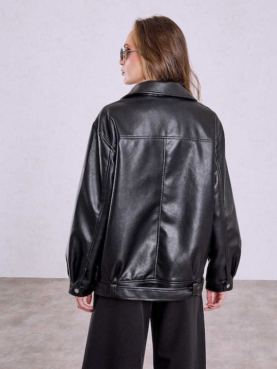 Celestino Women's Biker Artificial Leather Jacket Loose Fit Black