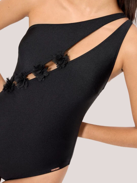 Ysabel Mora Women’s Swimsuit One Shoulder Black Shiny Front Cutouts Black One Piece 83172