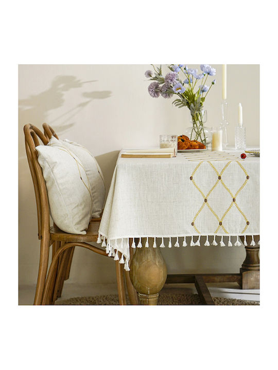 FRIPIA Leinen Tischdecke mit Gold Stickerei 120x160cm